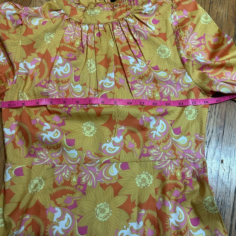 NWT CIDER orange yellow retro floral long sleeve ruffle hem mini dress - Picture 7 of 9